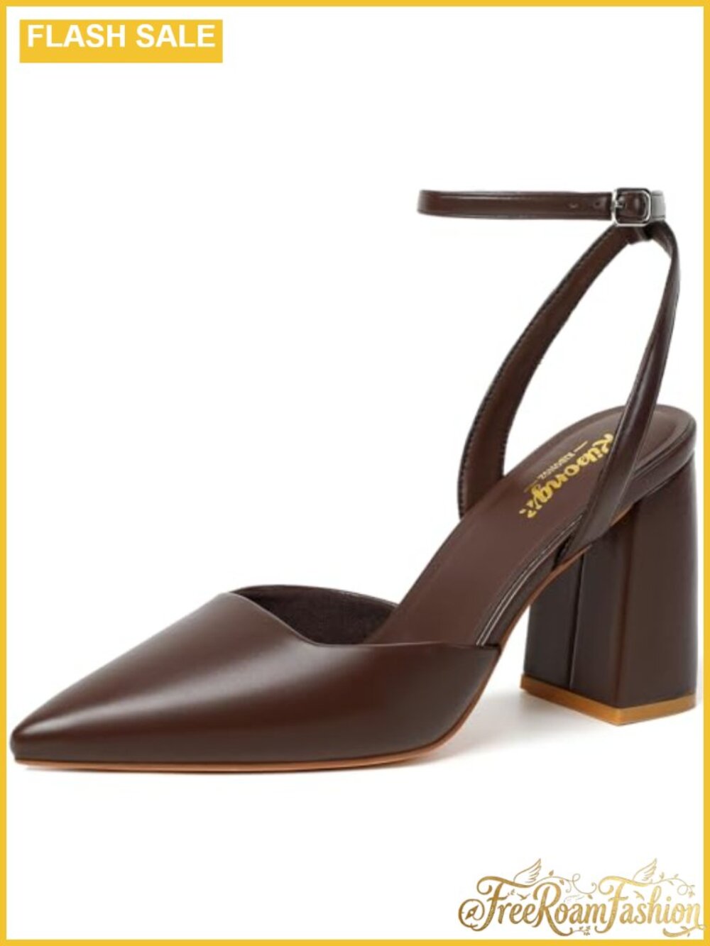 Block Heels Pointed Toe Slingback Ankle Strap Faux Leather Pumps